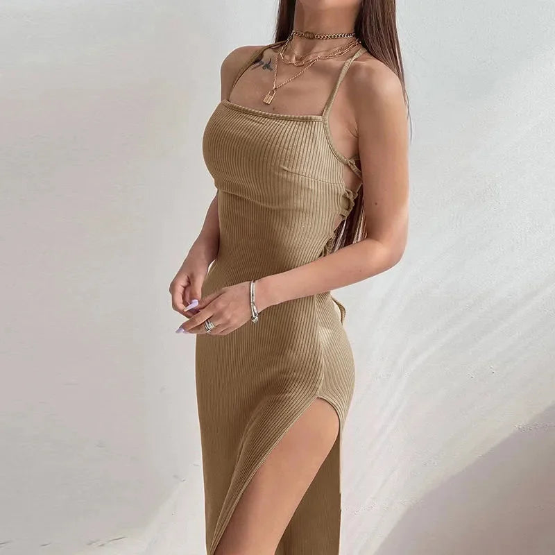 Sexy Black Halter Bodycon Dress with High Split